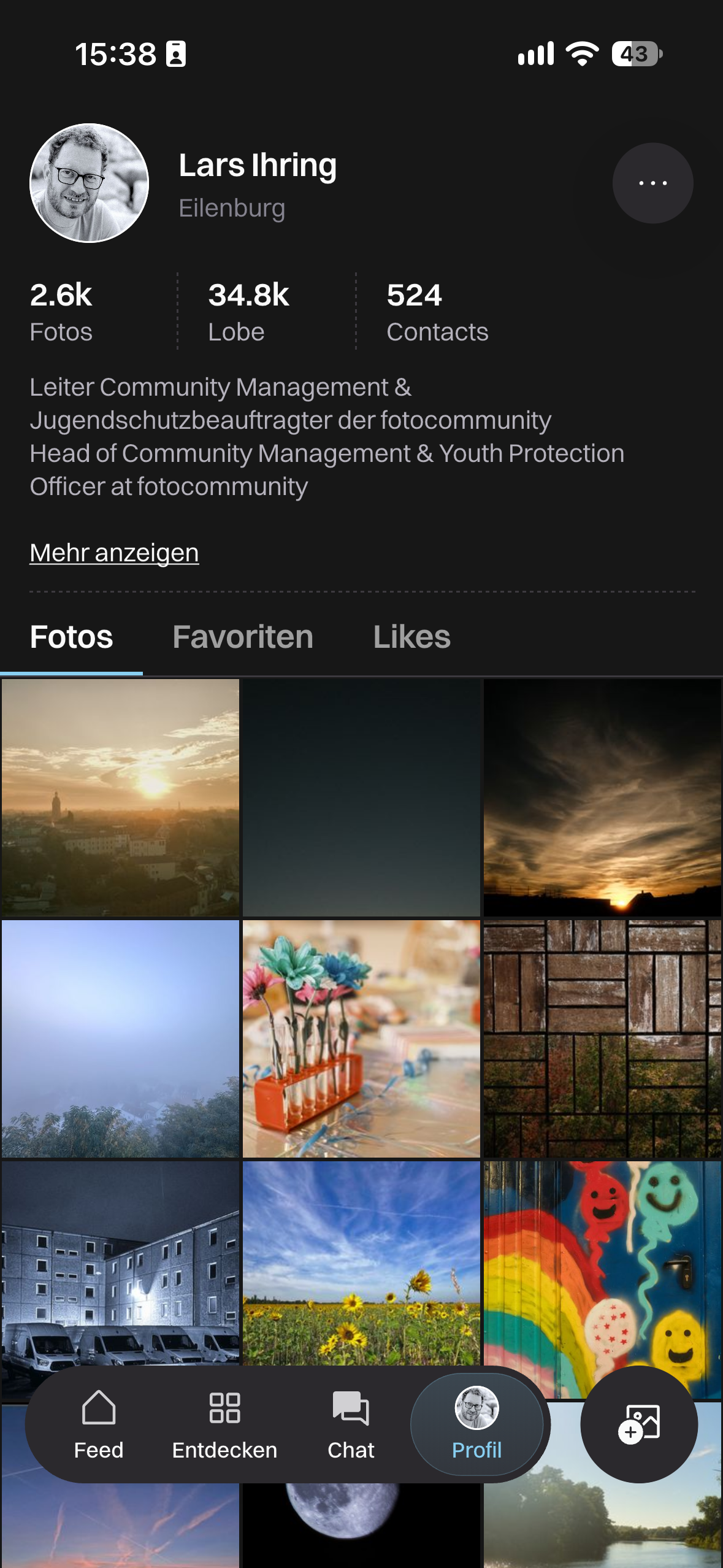 Eigenes Profil mit Profilbild, Zählern, Beschreibung und Reitern Fotos, Favoriten und Likes