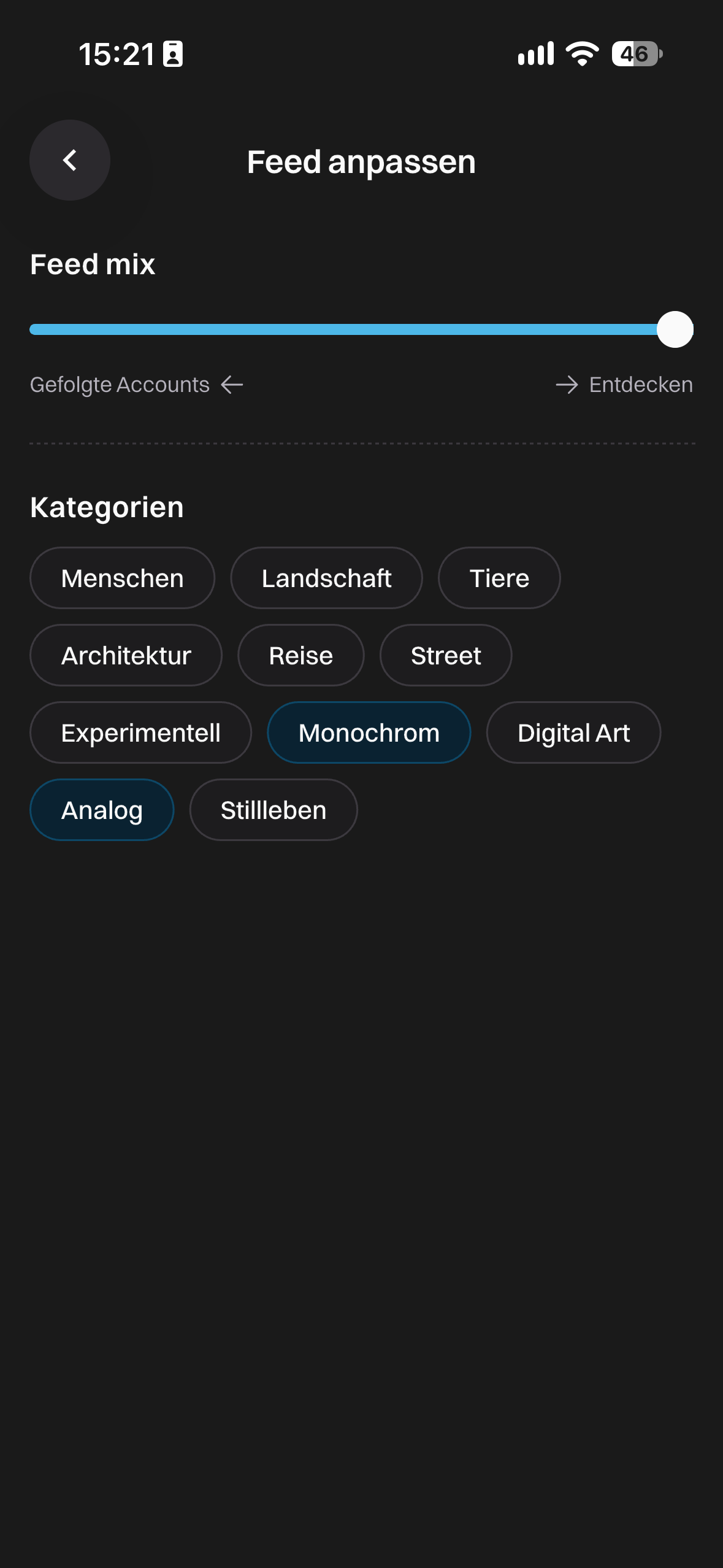Seite Feed anpassen mit Regler Feed mix und Kategorieauswahl