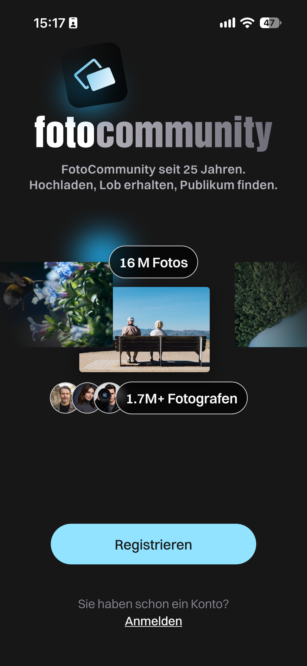 Willkommensbildschirm der fotocommunity App mit den Schaltflächen Registrieren und Anmelden
